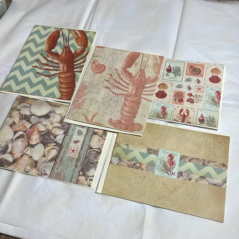 Set of 5 coastal seashells lobster greeting cards